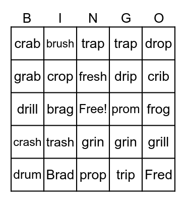 blends fr, cr, br, dr, gr, pr, tr Bingo Card