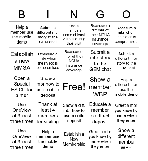 Member Engagement Bingo Card