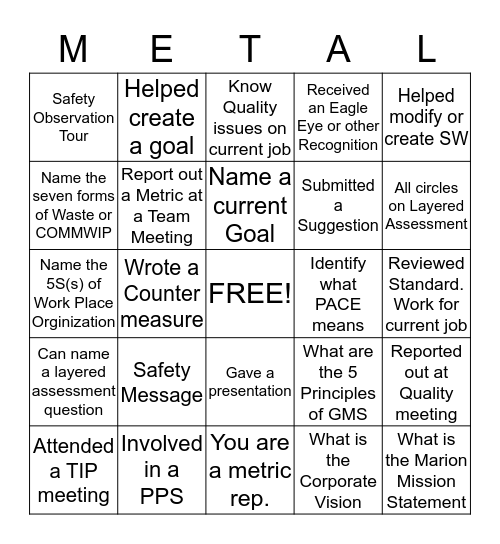Metal Assembly Bingo Card