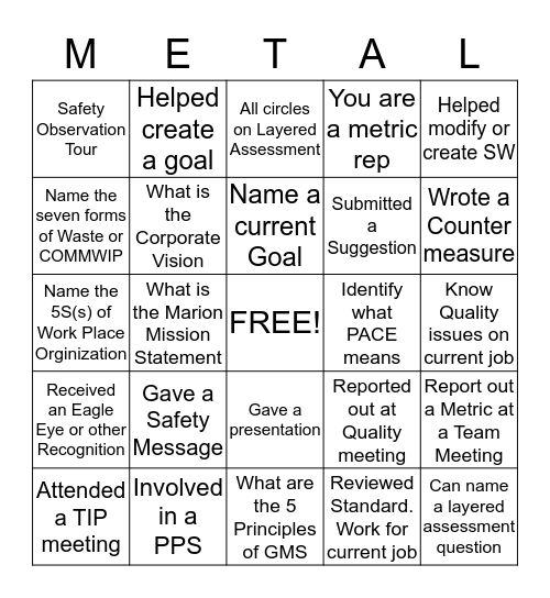 Metal Assembly Bingo Card