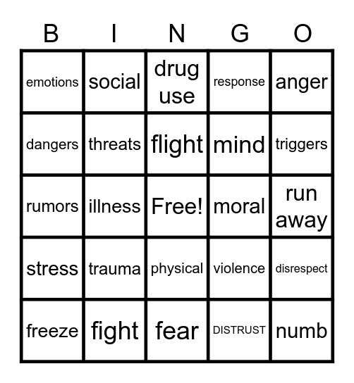 Fight-Flight-Freeze Bingo Card