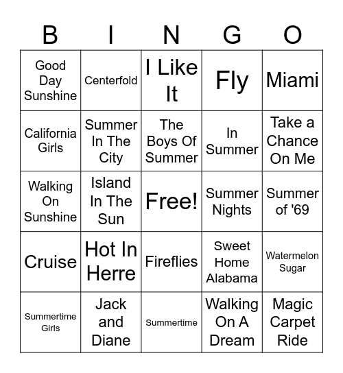 Summer Hits Bingo Card