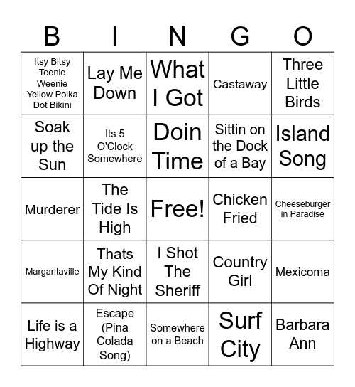 Beach Hits Bingo Card