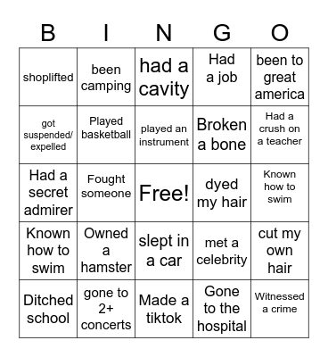 Never Have I Ever Bingo Card
