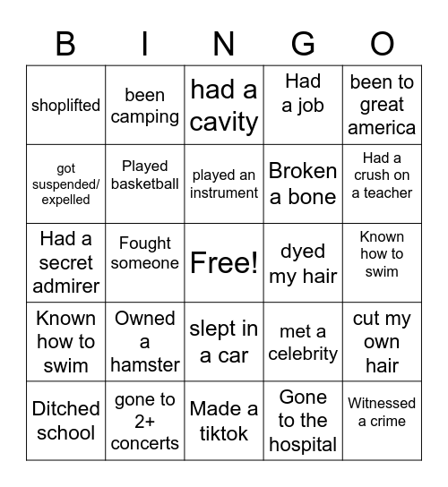 Never Have I Ever Bingo Card