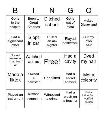 Never Have I Ever Bingo Card