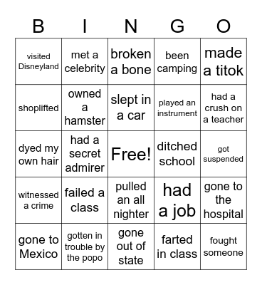 Never Have I Ever Bingo Card