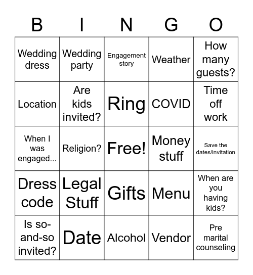 Wedding Bingo Card