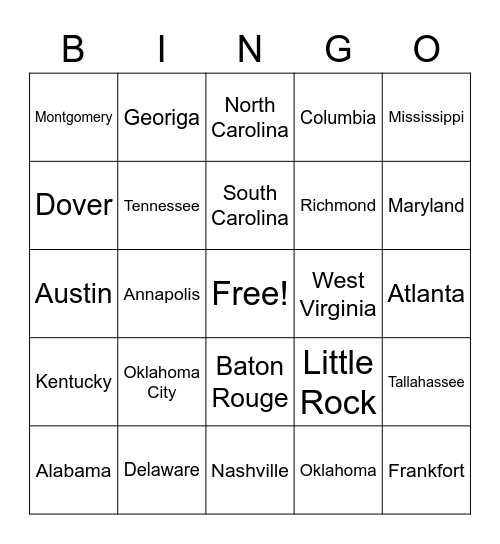 Southern States Bingo Card