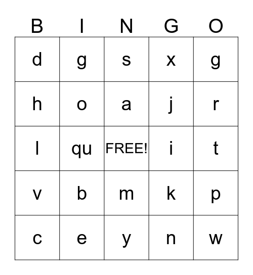 Letter Sounds Bingo Card