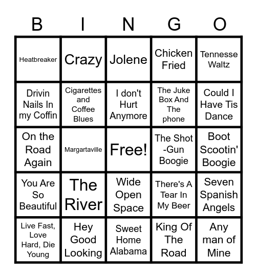 Country Music Bingo Card
