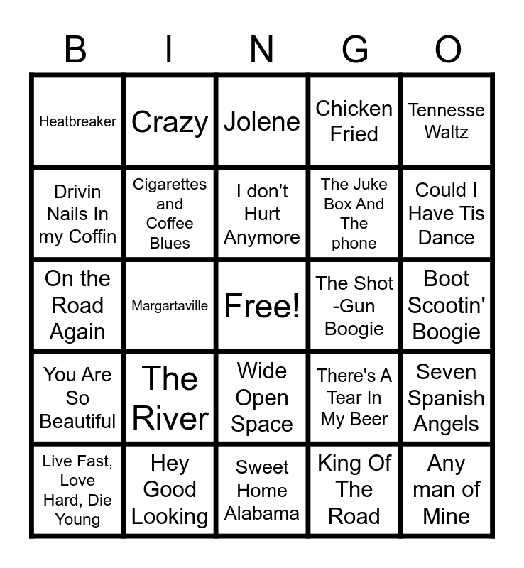 Country Music Bingo Card