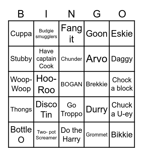 Bogan Bingo Card