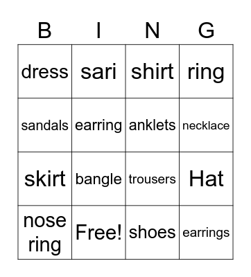 Clothes and Jewellry Bingo Card