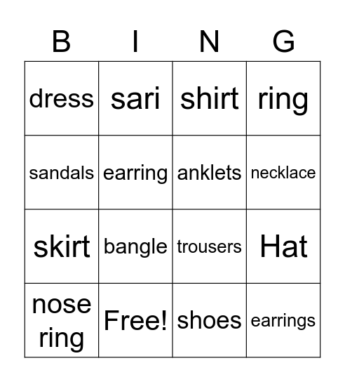 Clothes and Jewellry Bingo Card