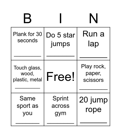 PE Bingo Card