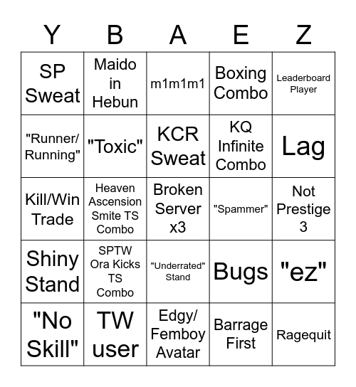 YBA 1v1s Bingo Card