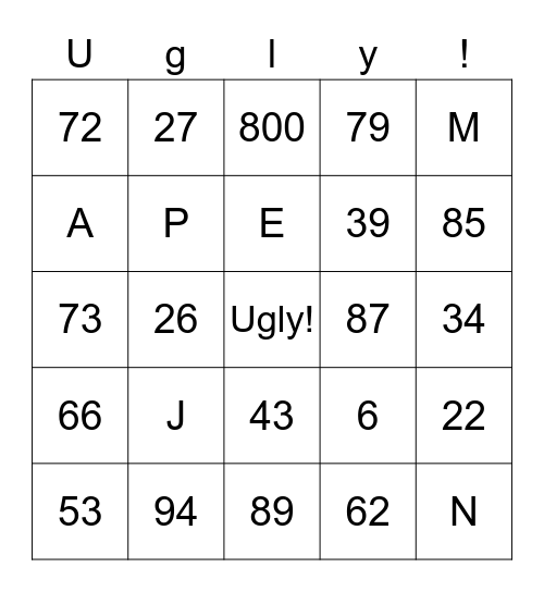 Numbers and Letters Bingo Card