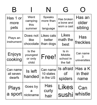 GiE Name Bingo Card