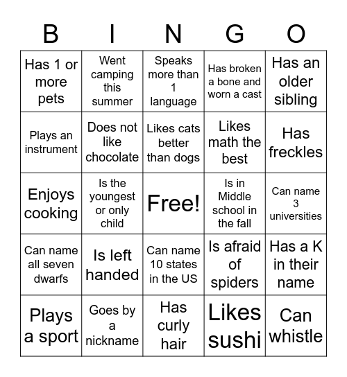 GiE Name Bingo Card