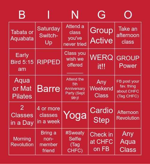 Group Fitness BINGO Card