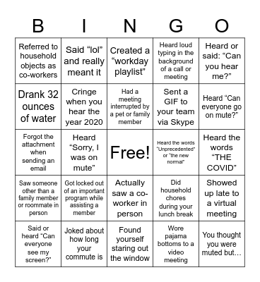 Working From Home BINGO Card