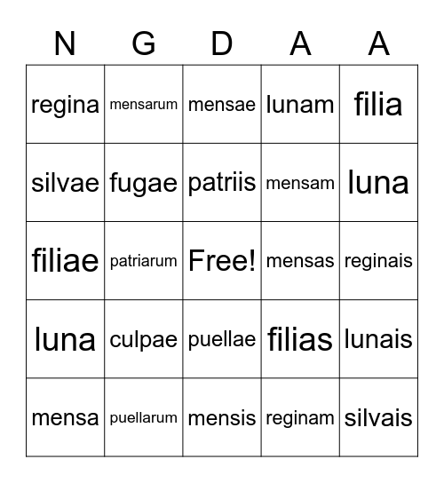 Latin Practice Bingo Card