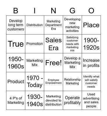 Marketing Unit 2 Bingo Card