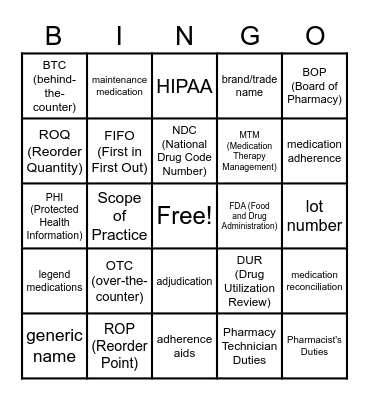 Pharmacy Tech  Module 1 (Lessons 1-4) Bingo Card