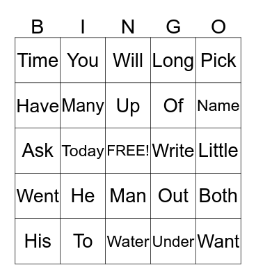 Sight Words Bingo Card