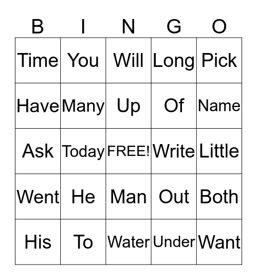 Sight Words Bingo Card