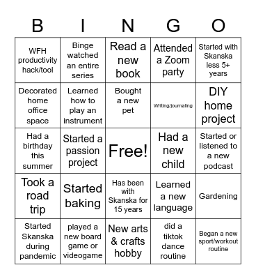 Pandemic Bingo Card