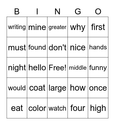 Practice Words Bingo Card