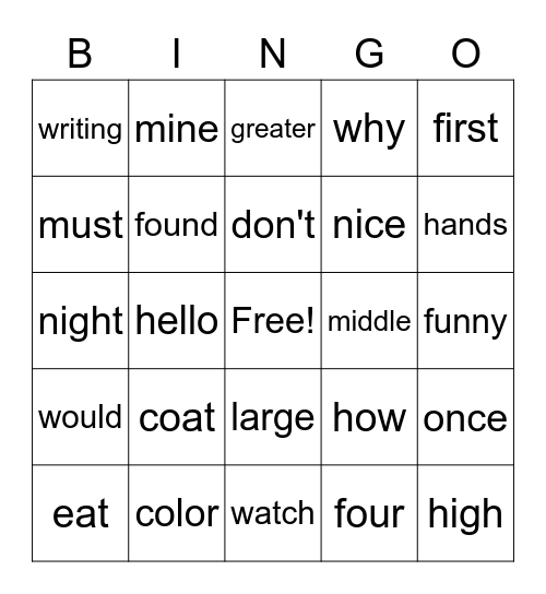 Practice Words Bingo Card