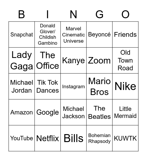 Pop Culture BINGO Card