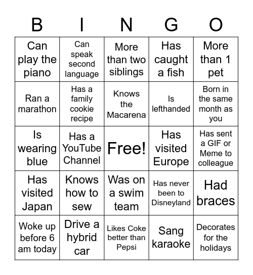 Team Building Bingo Card