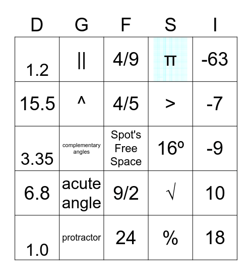 Math 8 Bingo Card