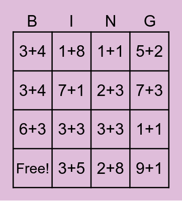 addition within 10 Bingo Card