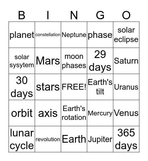 Solar System Vocab Bingo Card
