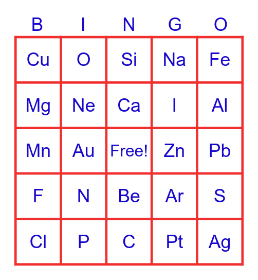 8th Grade Element Bingo Card