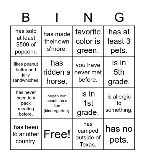 A SCOUT IS FRIENDLY - find someone who: Bingo Card