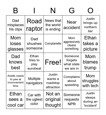 The road trip no one wanted Bingo Card