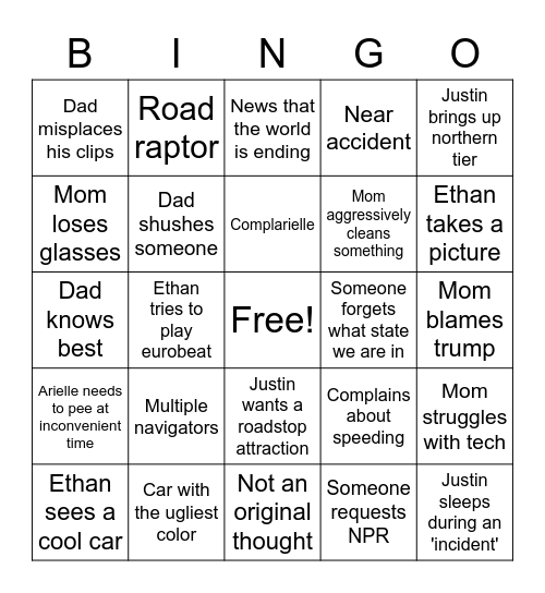 The road trip no one wanted Bingo Card