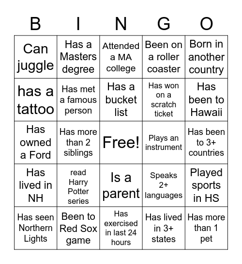 Walker Beacon Bingo Card