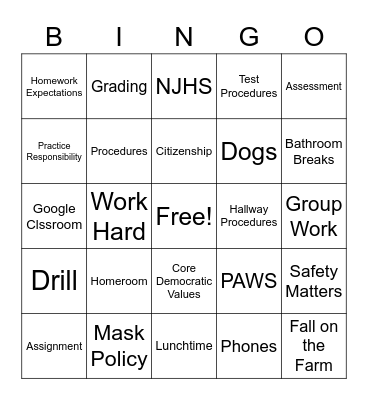 Back to School Bingo Card