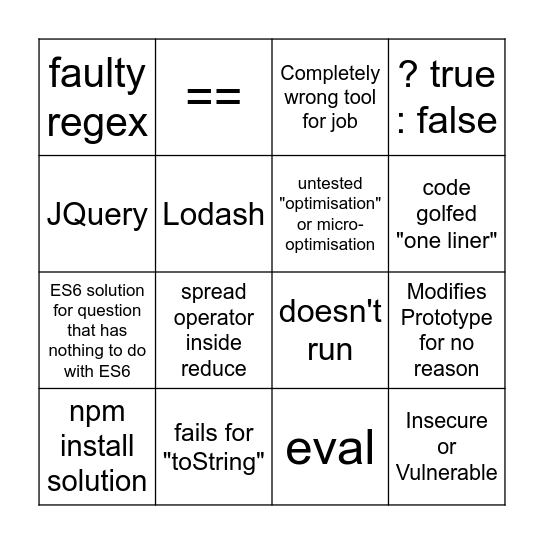 Stack Overflow JS Question Bingo Card