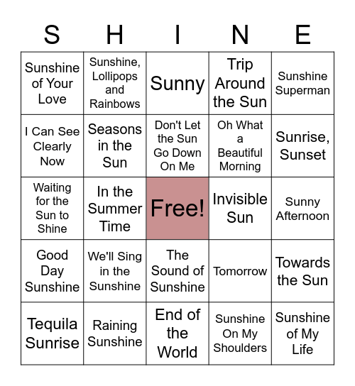 Let The Sun Bingo Card