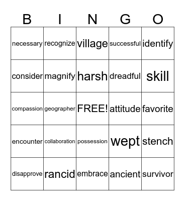 Vocabulary - Level M Bingo Card