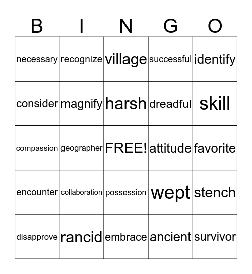 Vocabulary - Level M Bingo Card