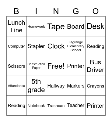 School Bingo Card